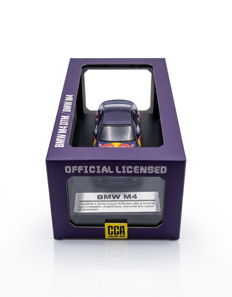 Top angle view of 1:24 BMW M4 diecast model secured inside official CCA collector display box
