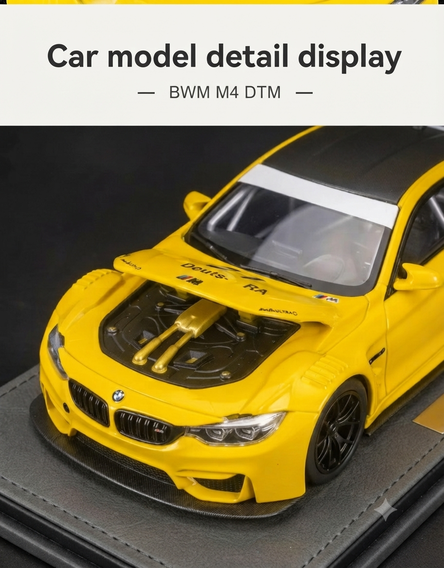 High-detail close-up of open hood and engine bay on the yellow 1:24 BMW M4 DTM collectible diecast car.