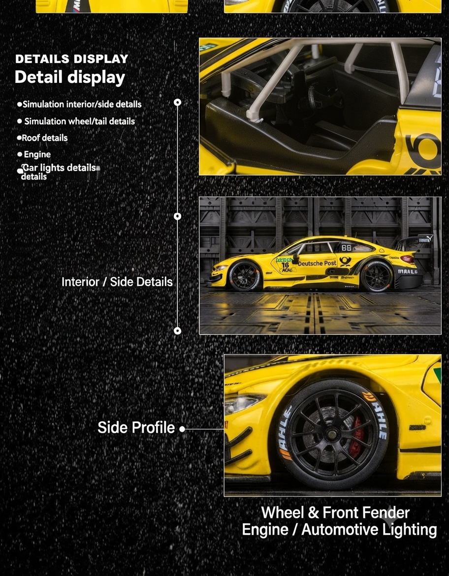 Close-up details of roll cage interior, side racing decals, and Hankook branded wheels on BMW M4 DTM model.