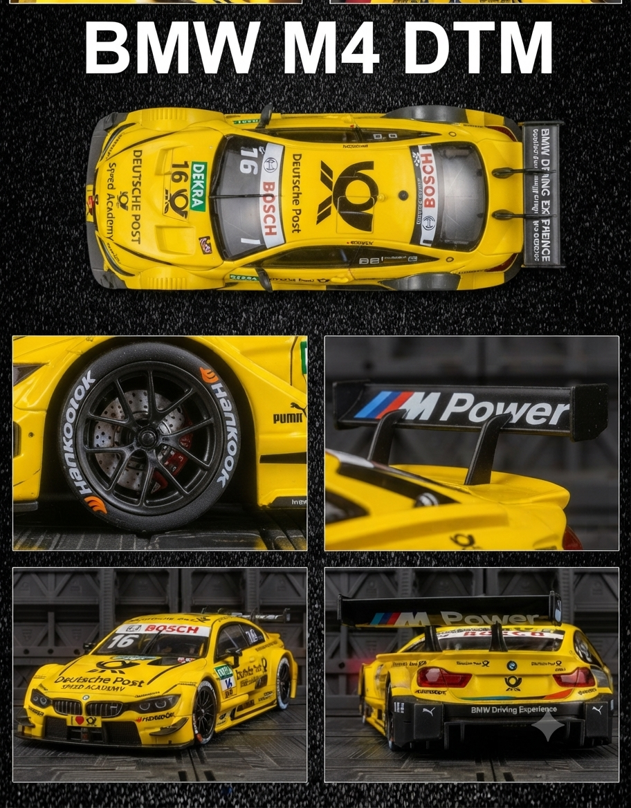 Multi-angle overview of yellow 1:24 BMW M4 DTM diecast car featuring top view, M Power spoiler, wheels, and front/rear profiles.