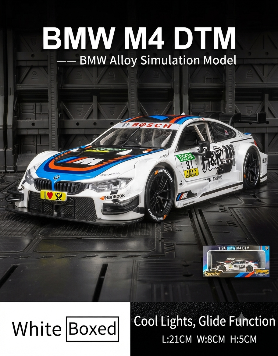 White 1:24 scale BMW M4 DTM racing diecast model car with cool lights, glide function, and retail packaging.