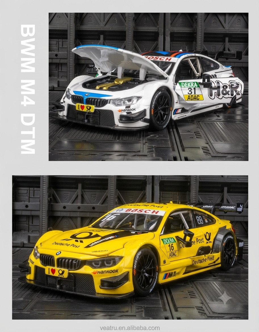 White and yellow 1:24 BMW M4 DTM diecast scale models showing openable hood, engine bay, and doors.