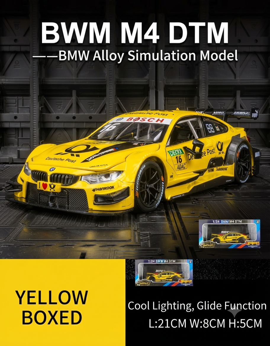 Yellow 1:24 BMW M4 DTM alloy race car model banner displaying lights, glide function, and packaging box.