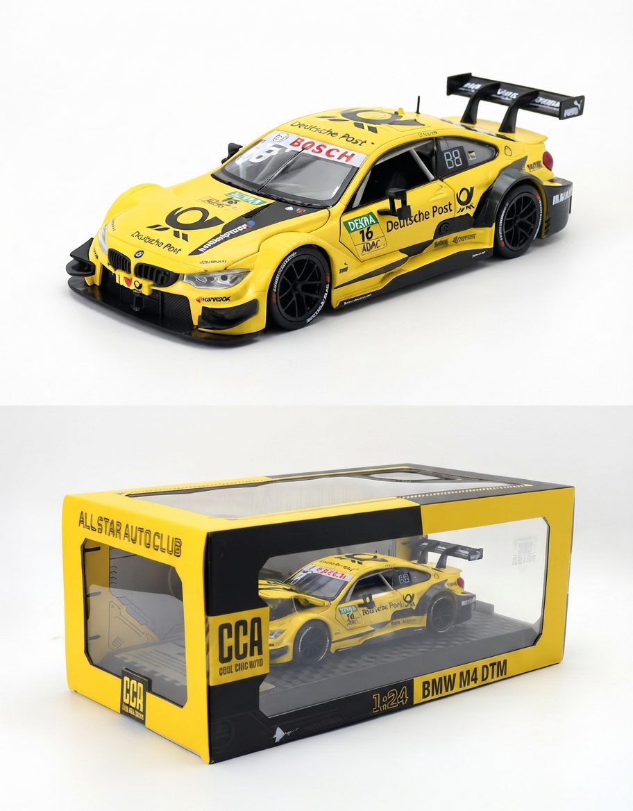 Yellow 1:24 scale BMW M4 DTM diecast race car displayed with official CCA collector window box packaging.