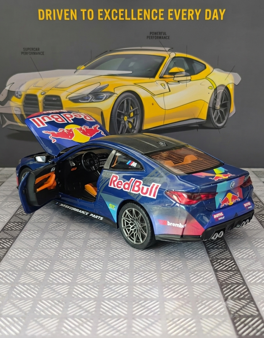 BMW M4 G82 1:24 scale collectible car model with opening hood, doors, and engine bay display