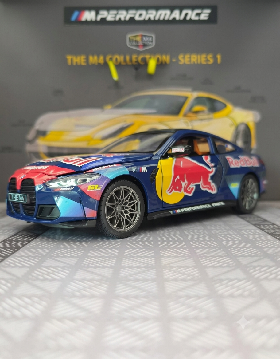 Front three-quarter view of 1:24 BMW M4 G82 collectible diecast car with custom Red Bull graphics