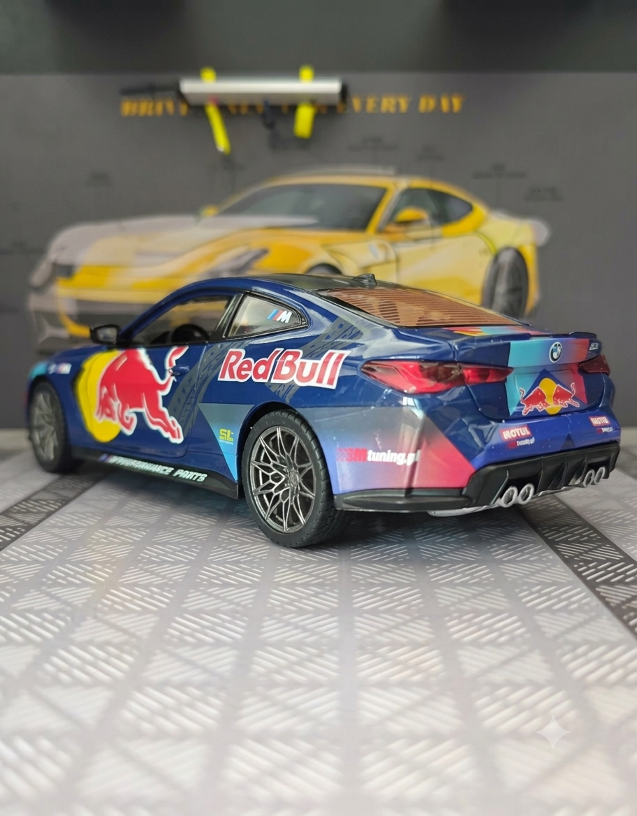 Rear three-quarter view of 1:24 BMW M4 G82 Red Bull edition showing quad exhaust and taillights