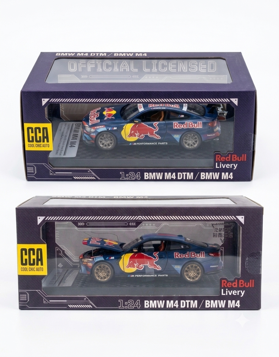 1:24 scale BMW M4 G82 alloy diecast model car in Red Bull Racing livery studio view