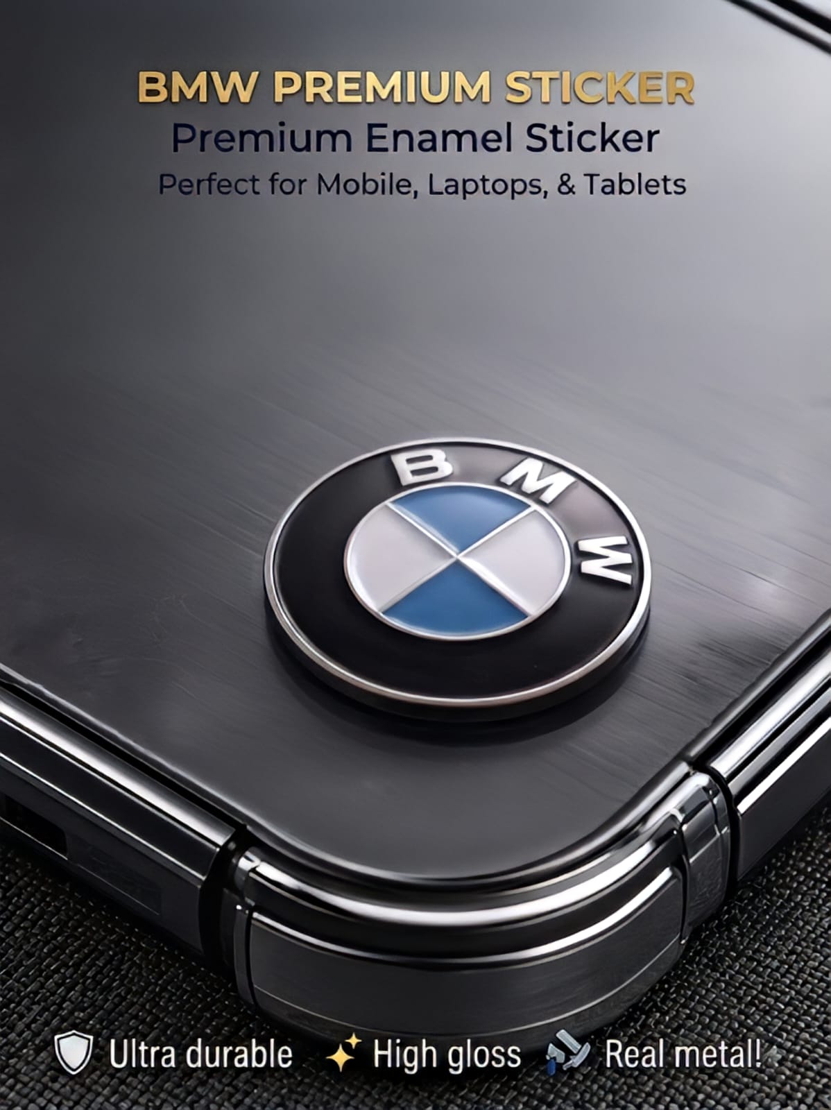 3D high-gloss BMW metal enamel emblem sticker attached to a smartphone case