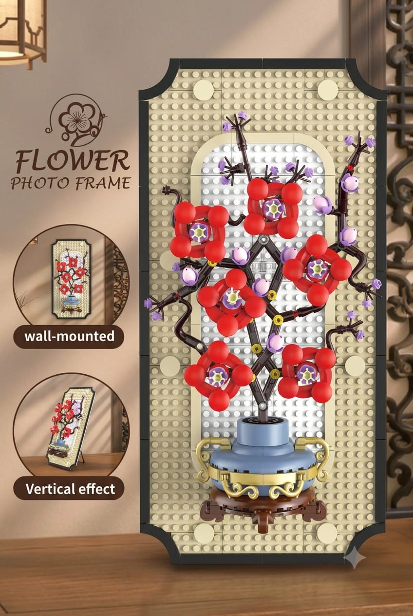 Assembled red flower picture frame building kit showing wall-mounted and tabletop vertical display options.