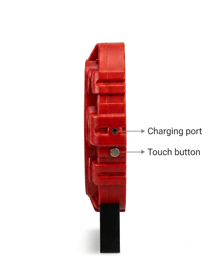 Side profile of the brake disc rotor desk lamp highlighting the charging port and touch control button.