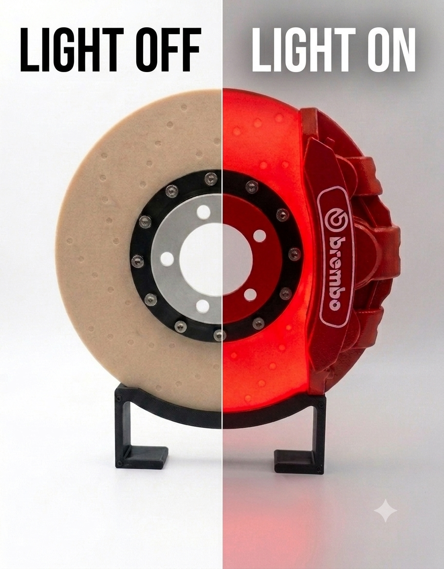 Side-by-side comparison of the automotive brake disc rotor desk lamp switched off and illuminated on mode.