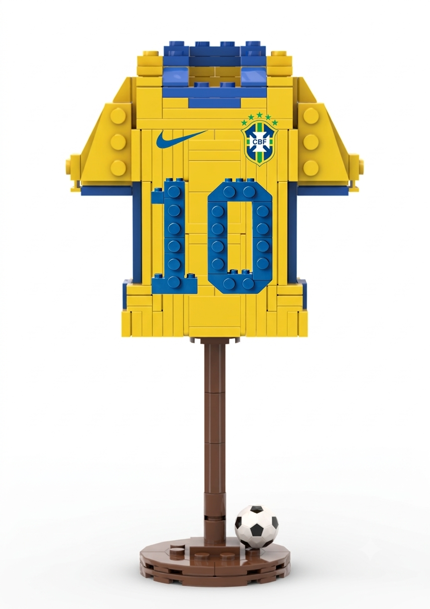 Brazil yellow number 10 football jersey building block model kit on a brown pedestal display stand.