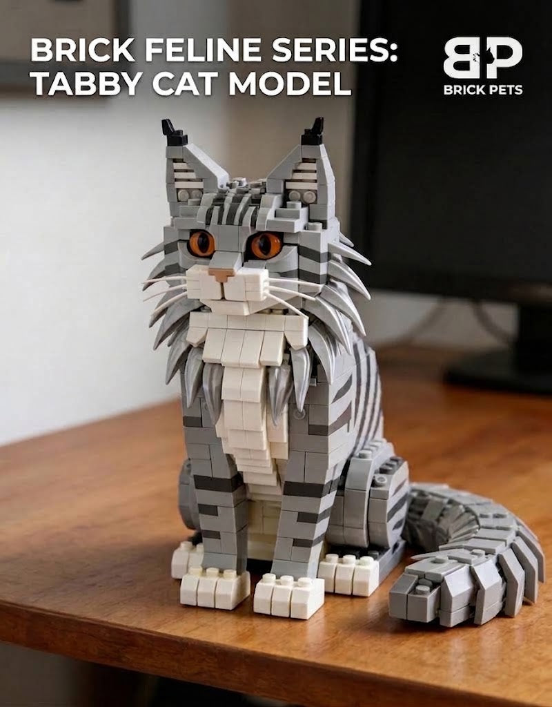 Brick Feline Series gray tabby cat model sitting on a wooden home office desk.