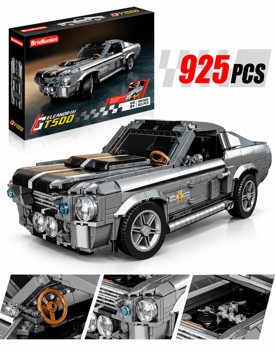 Assembled Eleanor GT500 classic sports car brick model with retail collector packaging box and realistic cockpit details.