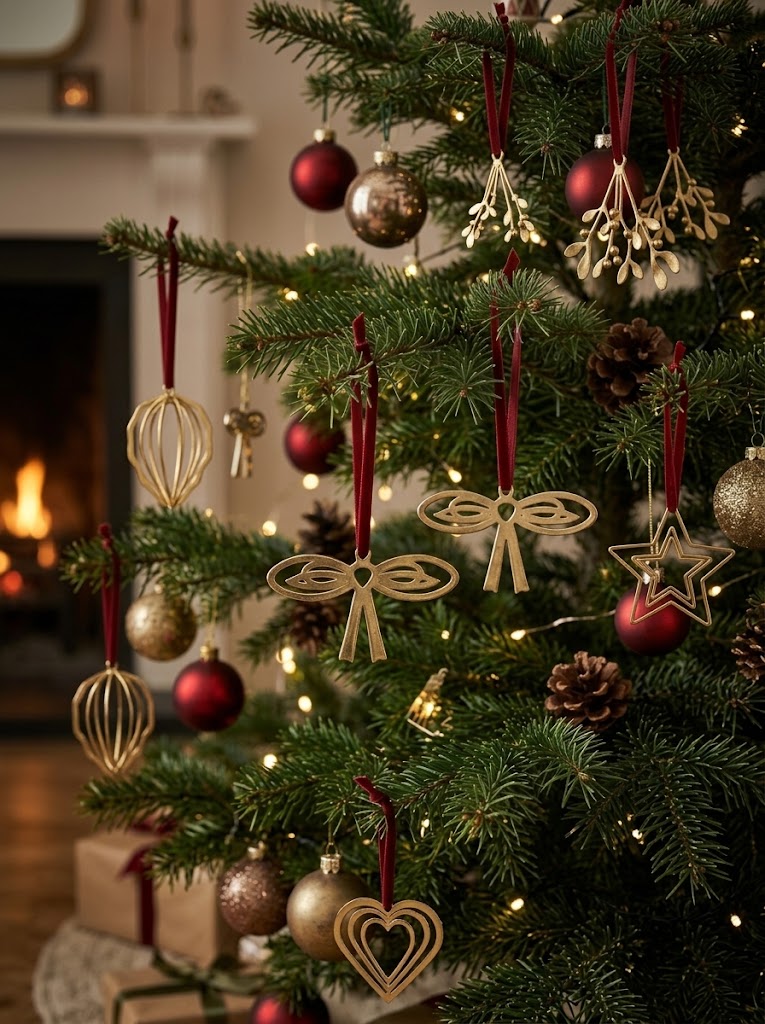 Matte gold metal Christmas tree hanging ornaments with deep red velvet ribbons, featuring cut-out bow, layered star, heart, and mistletoe designs on evergreen pine branches in a warm holiday living room setting.