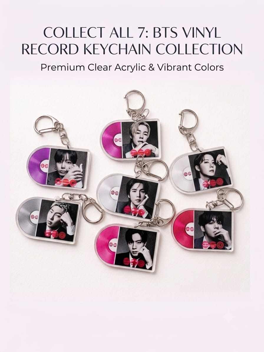Seven clear acrylic keychains shaped like mini vinyl records and sleeves, each featuring a black-and-white portrait of a different BTS member alongside a brightly colored translucent vinyl record in shades of pink, purple, white, or red.