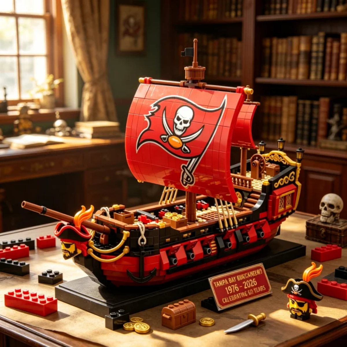 Tampa Bay Buccaneers 1976-2026 50th anniversary pirate ship brick model on a wooden desk with collector plaque.