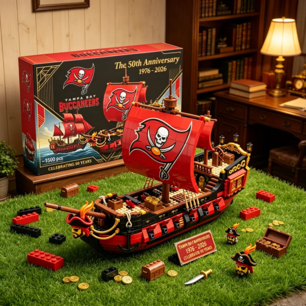 1500-piece Tampa Bay Buccaneers pirate ship construction toy set with retail box and pirate minifigures.