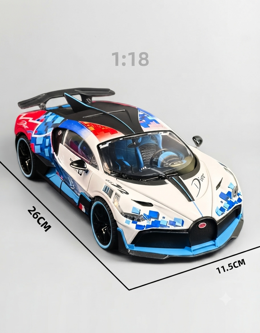 1:18 scale Bugatti Divo diecast car showing physical dimensions of 26cm length and 11.5cm width.