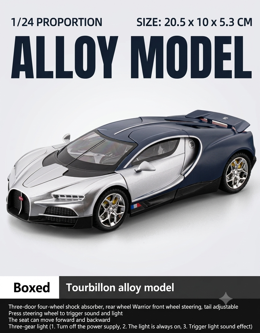 1/24 proportion Bugatti Tourbillon collectible alloy model car in two-tone silver and matte blue with product specifications.