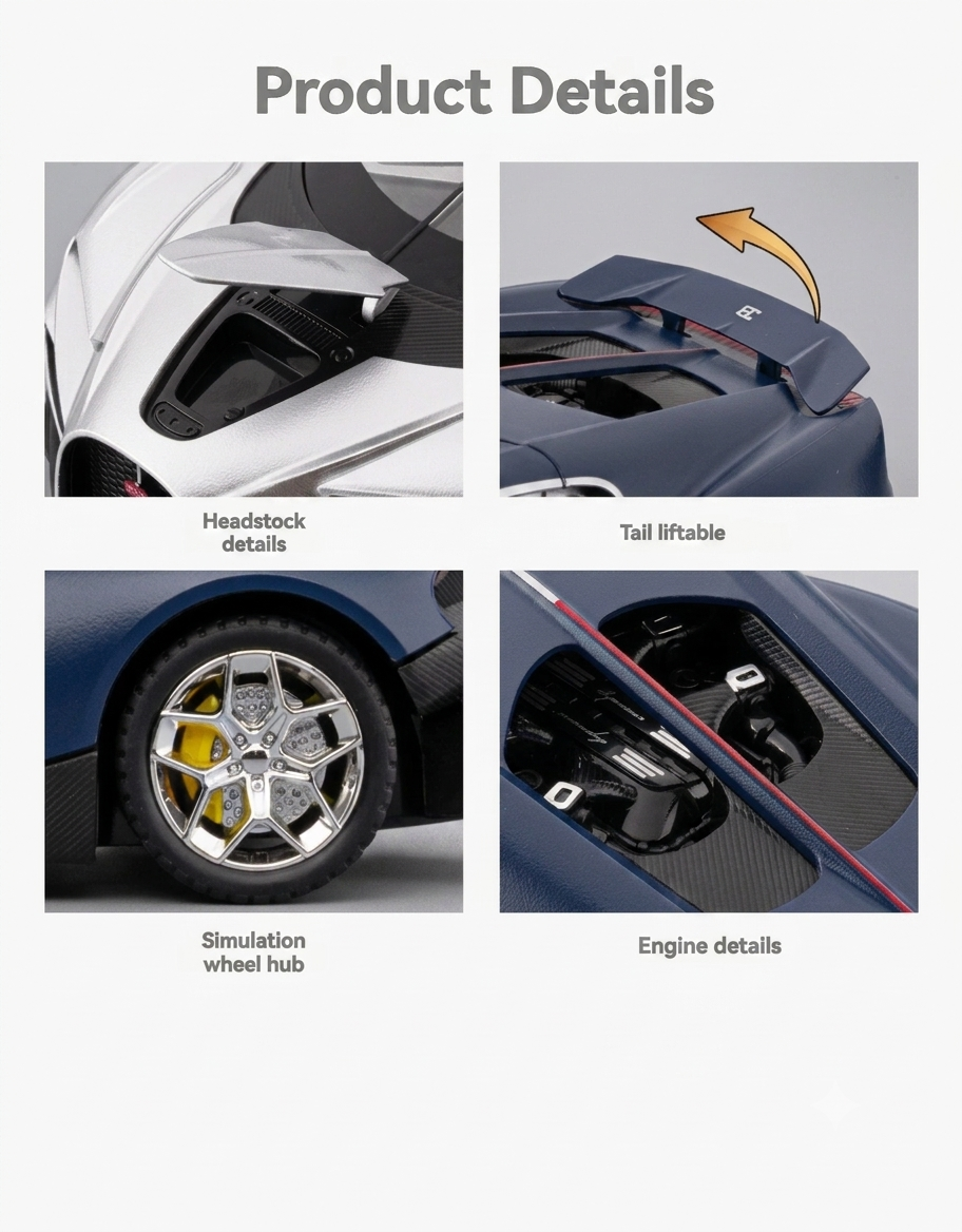 Close-up product details of Bugatti Tourbillon diecast model showing liftable rear wing, custom wheel rims, front trunk, and engine bay.