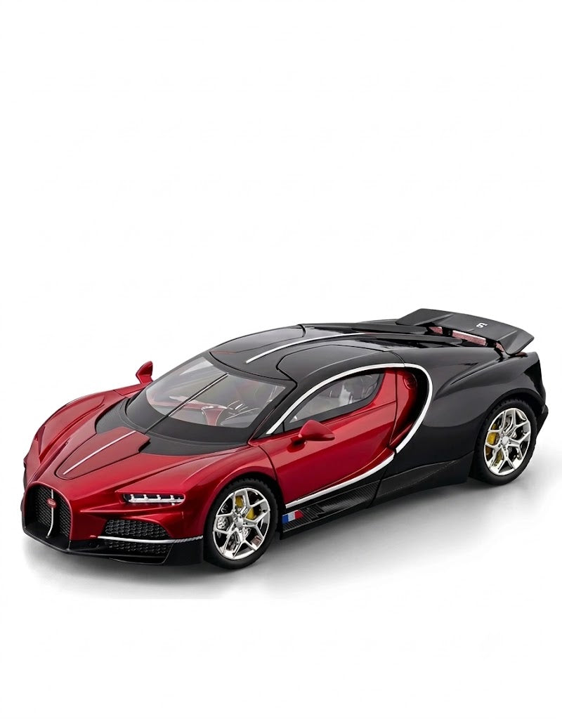 1:24 scale Bugatti Tourbillon diecast alloy collectible supercar model in metallic red and black two-tone finish.