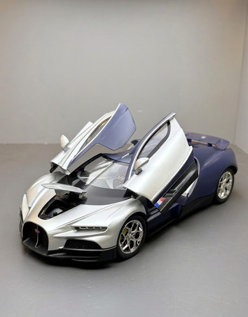 Front three-quarter display view of Bugatti Tourbillon alloy diecast car with functional opening butterfly doors and front hood.