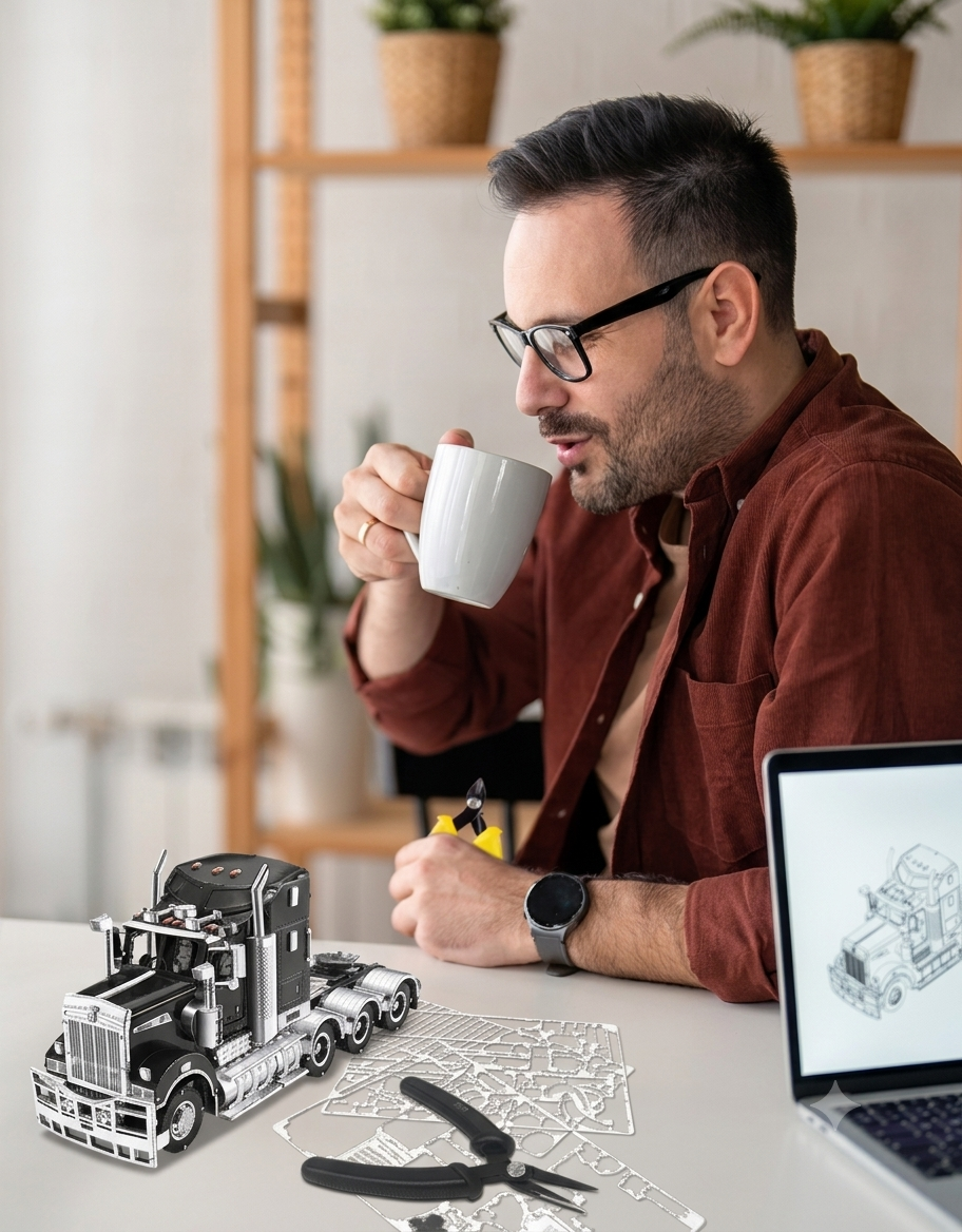 Hobbyist assembling the Piececool T909 semi-truck 3D metal model kit at a desk with assembly tools.
