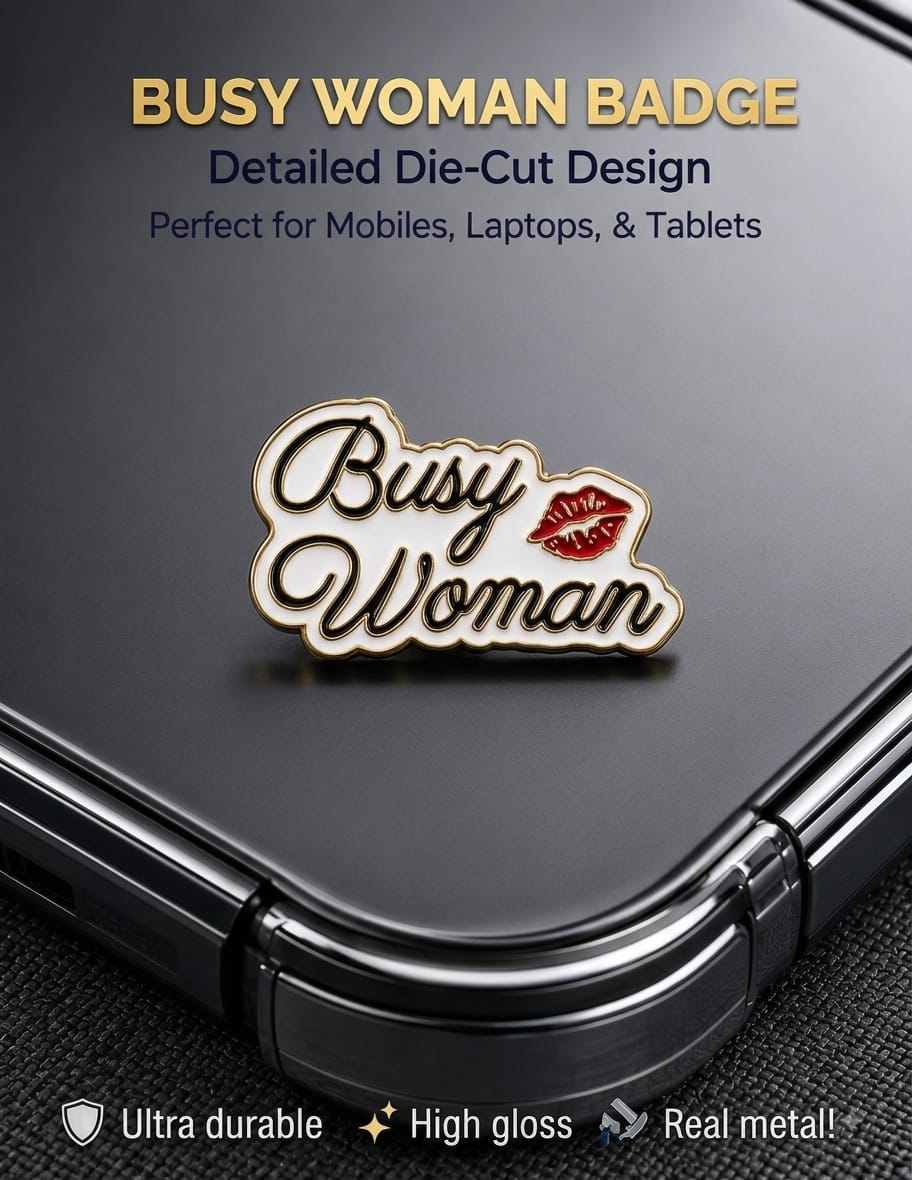 Die-cut gold and white metal enamel badge sticker reading Busy Woman with a red lipstick kiss mark on a mobile phone