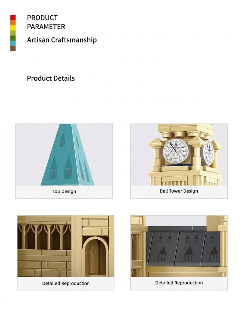 Close up architectural details of Peace Tower bell clock and copper roof design on Canadian Parliament model bricks