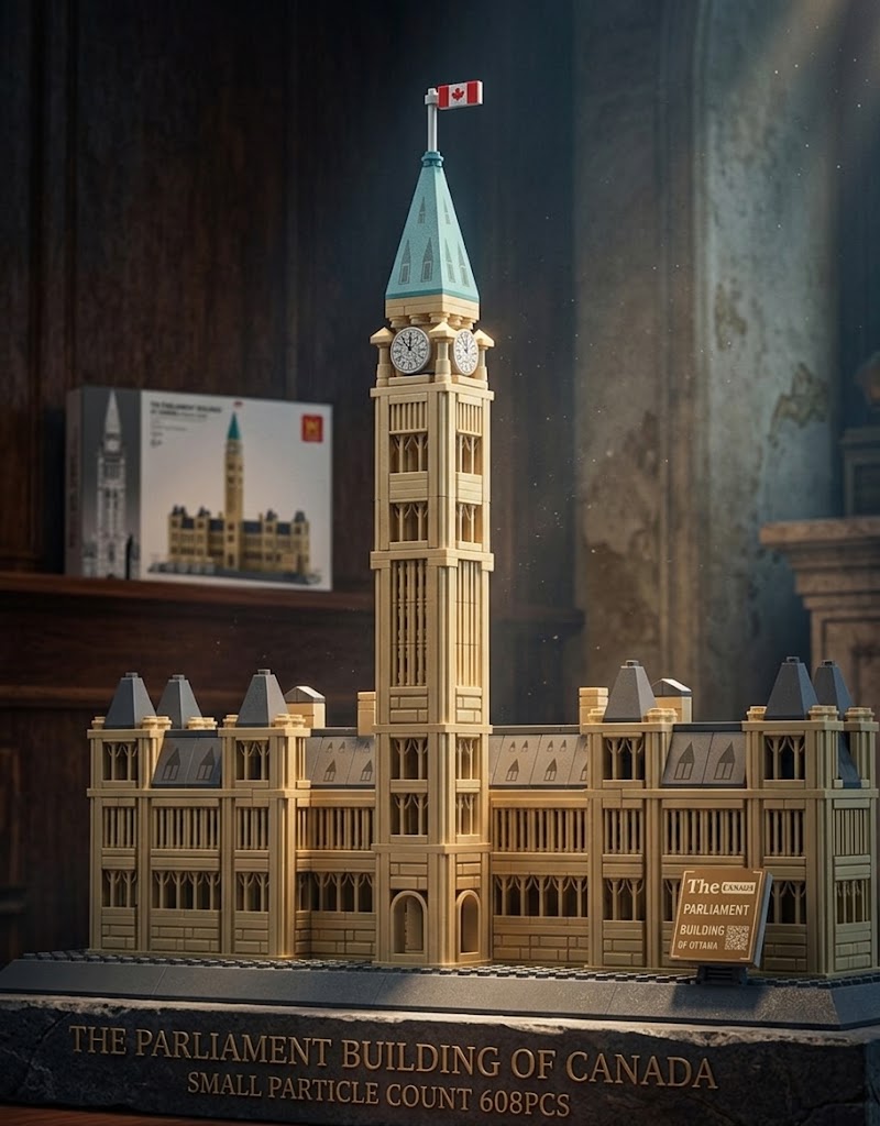 Completed Ottawa Canadian Parliament building block model displayed on dark stone pedestal