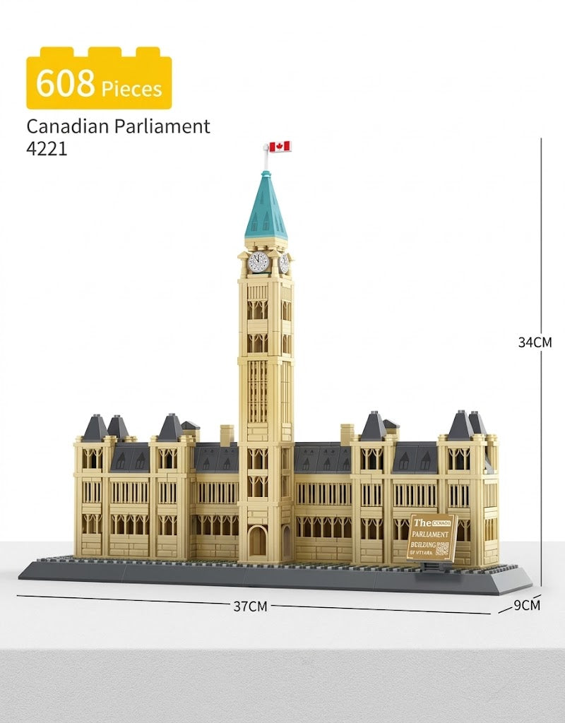 Physical dimensions showing 37cm length and 34cm height for Ottawa Canadian Parliament Hill block set