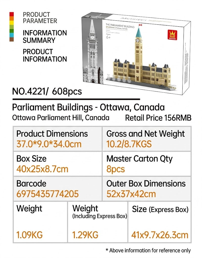 Specification parameters and dimension details for Wange 4221 Canadian Parliament Building 608 piece block kit