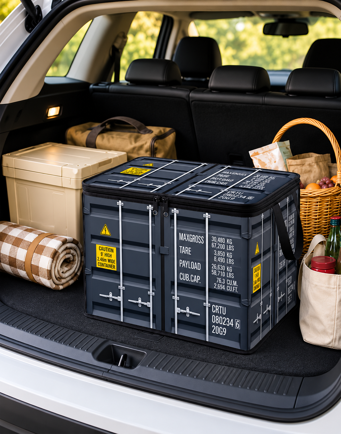 Heavy-duty shipping container storage organizer placed inside an SUV car trunk alongside picnic baskets and travel essentials for road trips.