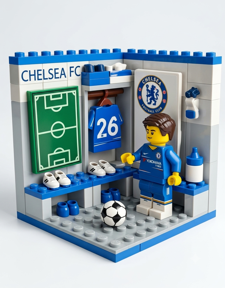 Chelsea FC locker room mini building blocks set featuring a player minifigure in blue kit, number 26 jersey, tactics board, and soccer accessories.