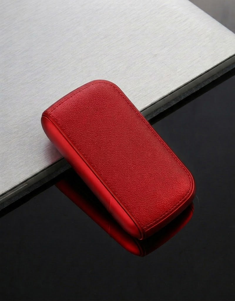 Elegant cherry red metallic-finish cigarette case holder with concealed electronic lighter, available across Lebanon.