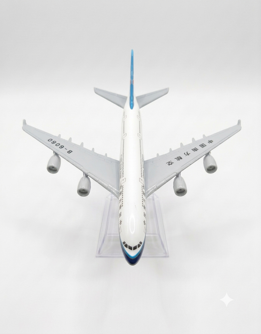 Top-down view of China Southern Airlines A380 diecast aircraft showing wingspan, four jet engines, and detailed registration markings.