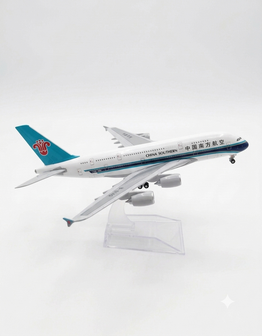Profile view of China Southern Airlines Airbus A380 double-decker diecast model mounted on stand, ideal desk decor and aviation collectible in Lebanon.