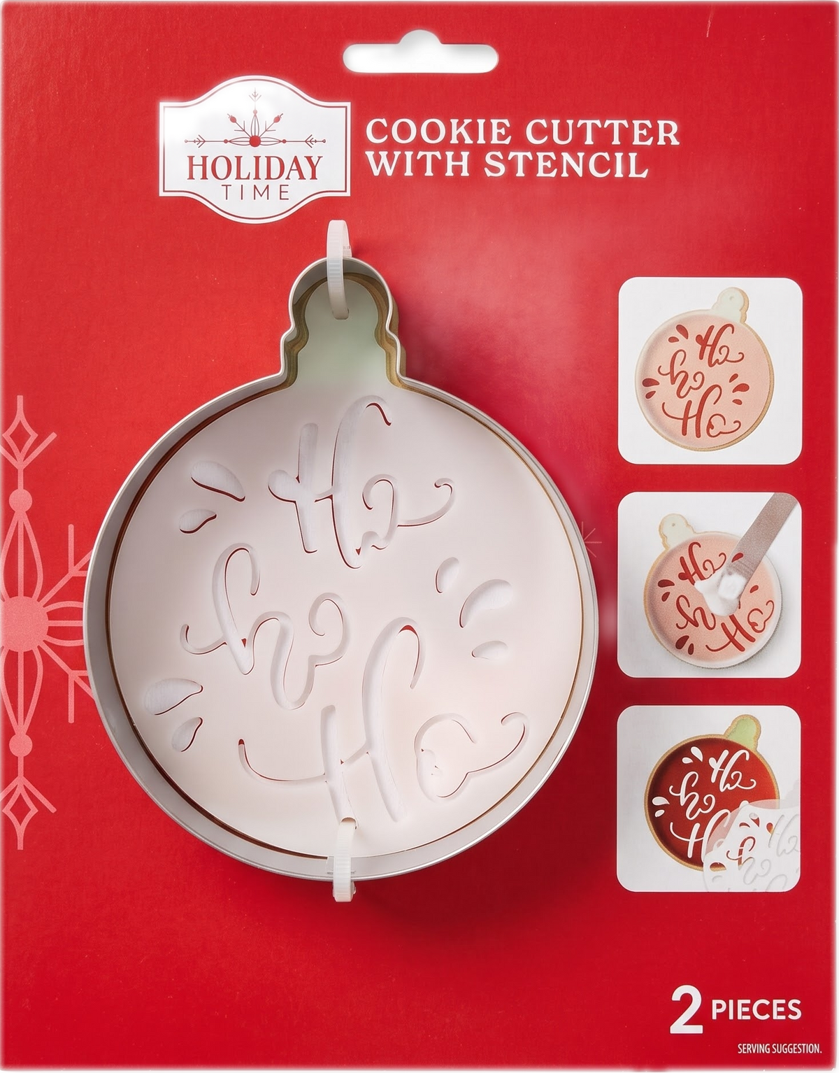 Detailed view of the Holiday Time 2-piece metal ornament cookie cutter and Ho Ho Ho stencil kit with illustrated baking instructions.