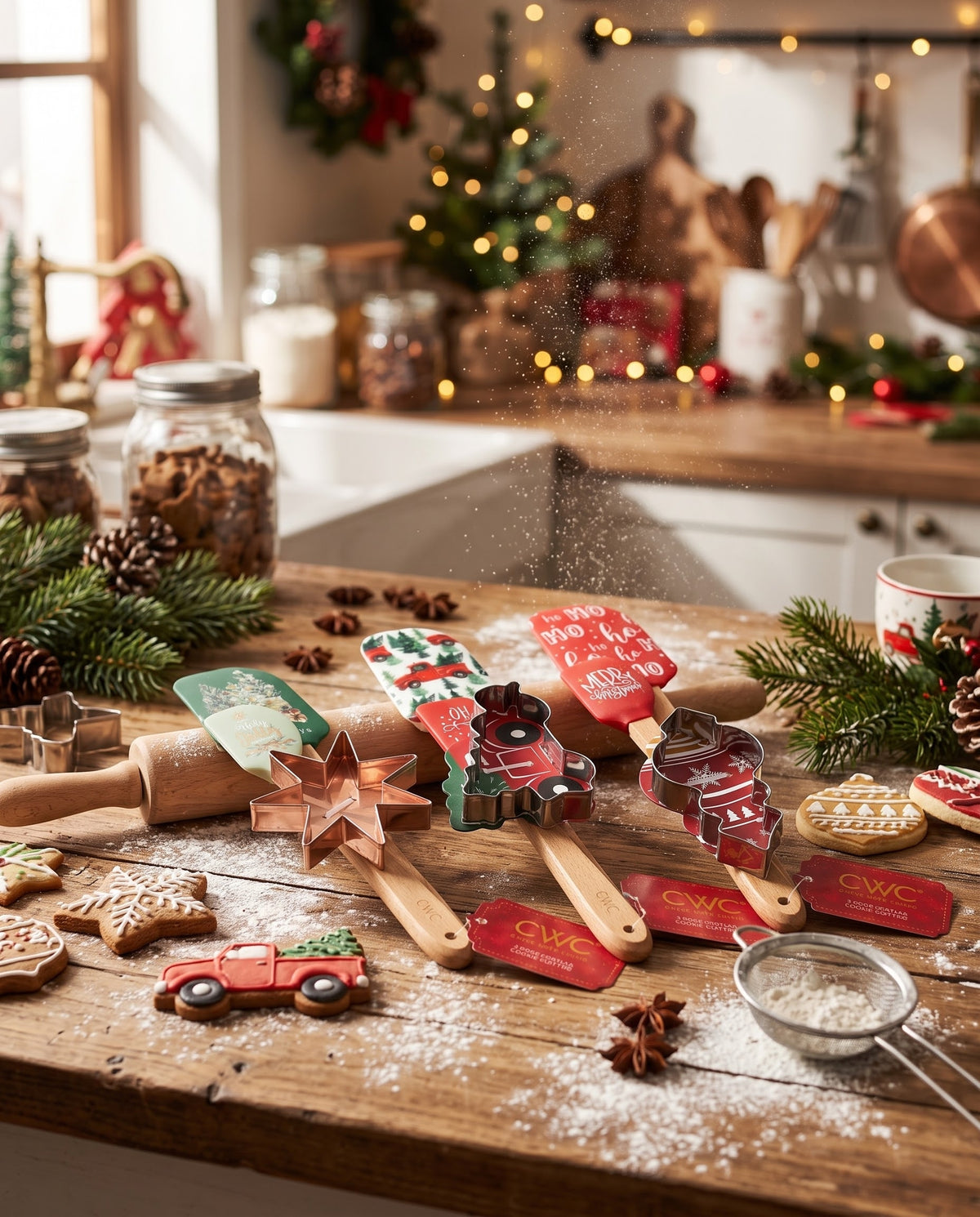 Cozy Christmas kitchen counter with Cook With Color festive silicone spatulas, metal cookie cutters, rolling pin, dusted flour, and decorated gingerbread cookies for holiday baking.