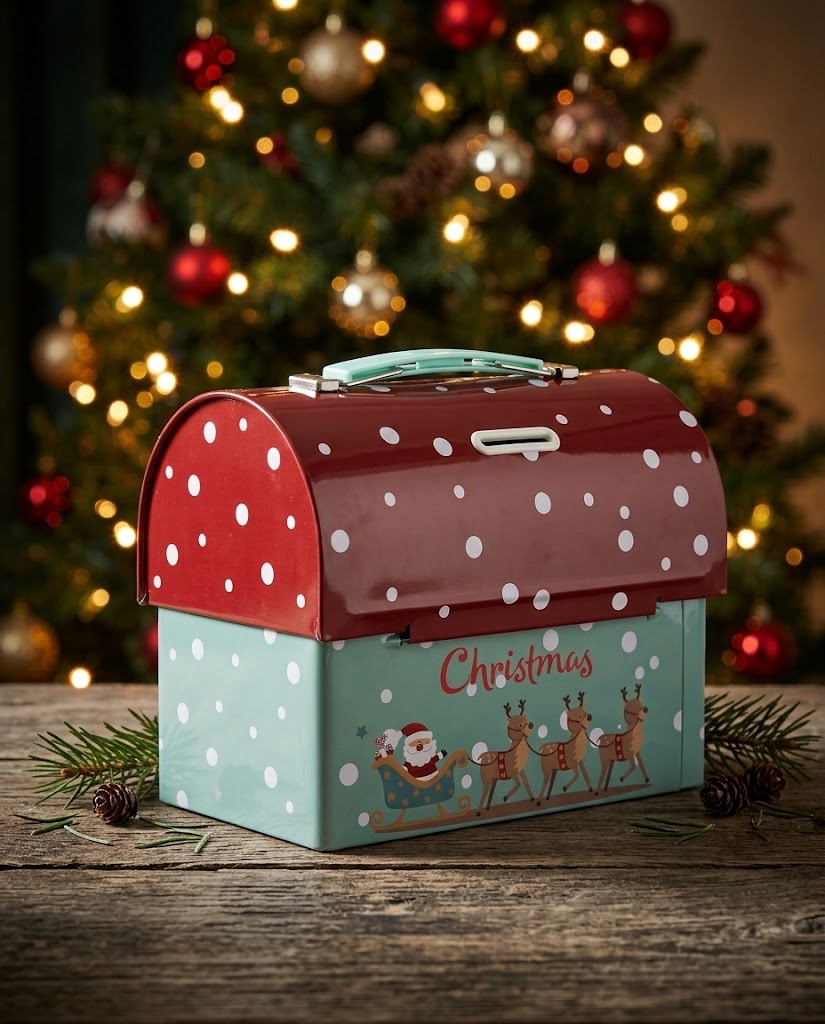 Retro Christmas tin piggy bank placed on a rustic wooden table decorated with pinecones and warm glowing Christmas tree lights.