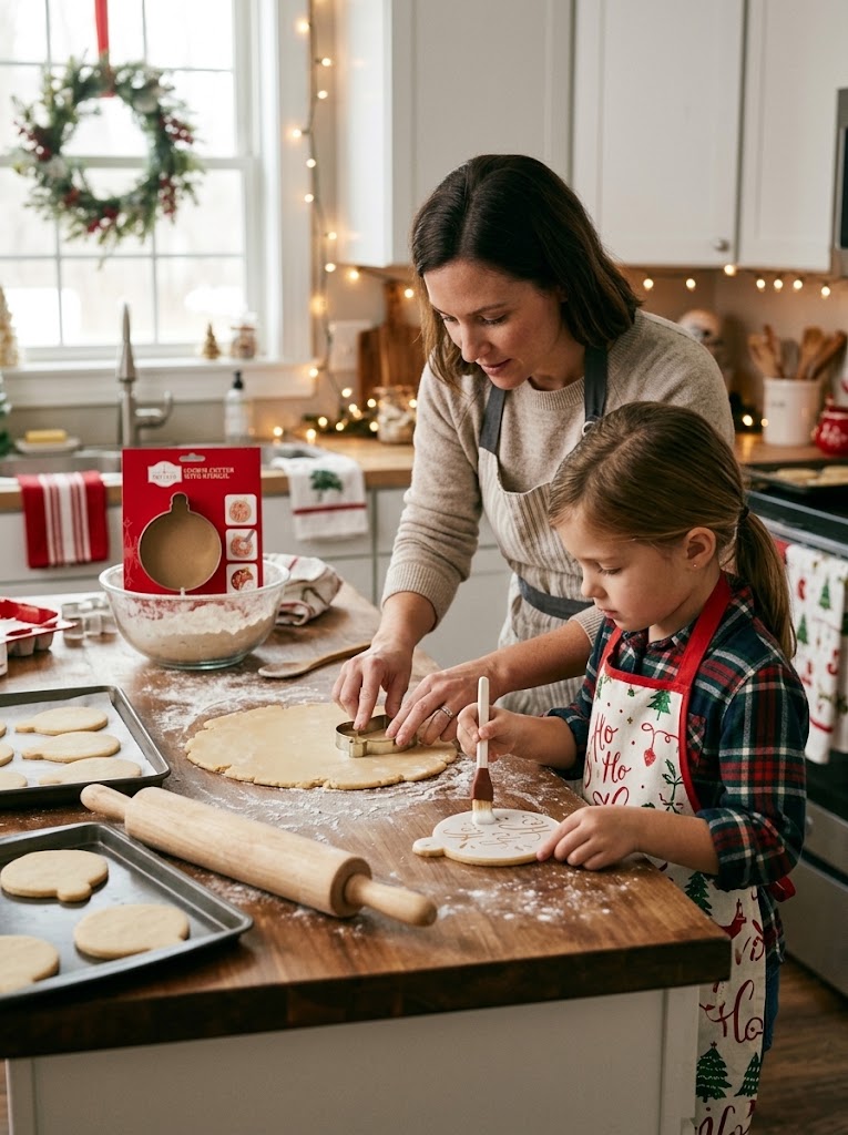 Mother and child baking holiday cookies with a Christmas ornament cookie cutter and Ho Ho Ho stencil, available online in Lebanon.