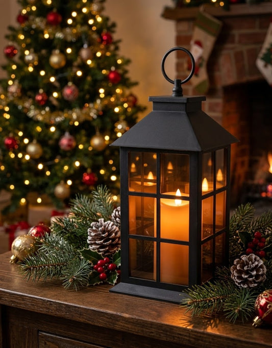 Lit black LED lantern styled on a wooden tabletop with pinecones and glowing Christmas tree decor in Lebanon.