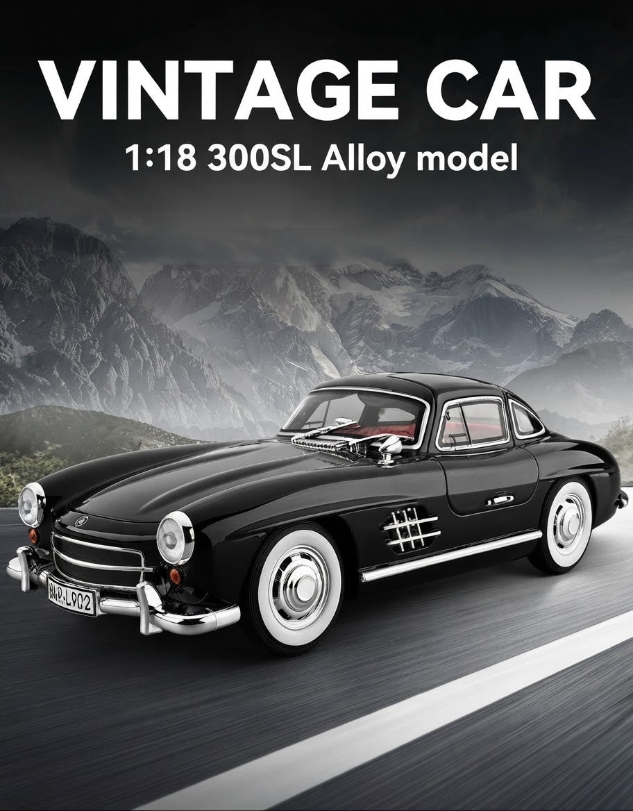 Vintage 1:18 scale Mercedes-Benz 300SL Gullwing alloy collectible car in black on an alpine mountain road