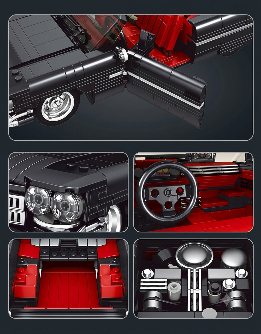Close-up details of vintage black car building kit showing opening side door, detailed engine bay, red interior, and dashboard steering wheel.