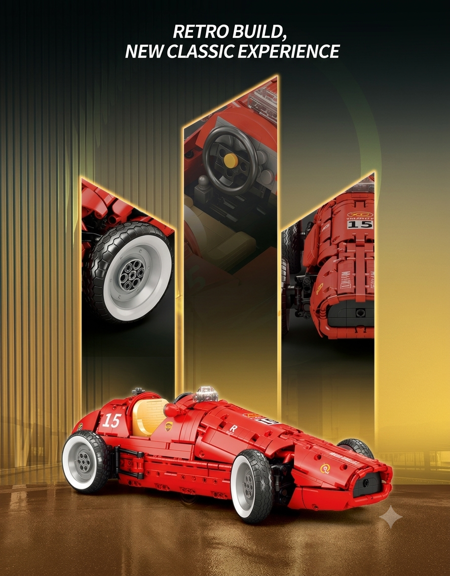 Side profile of the classic red Grand Prix racing car building brick set with detailed feature highlights.