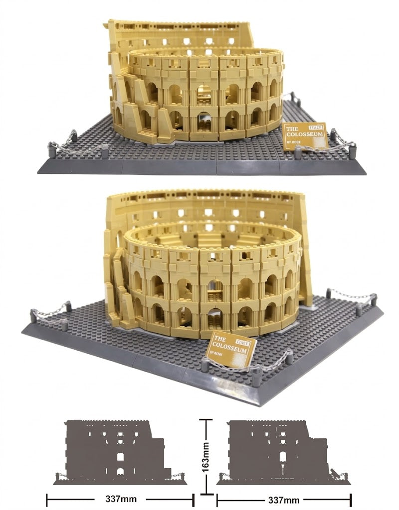 Measurement diagram of the Roman Colosseum block model showing 337mm width and 163mm height specifications.