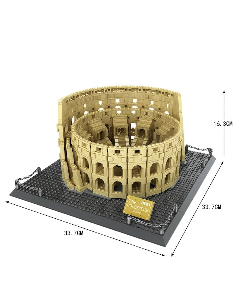Perspective diagram of the assembled Colosseum architecture set measuring 33.7 cm by 33.7 cm wide and 16.3 cm tall.