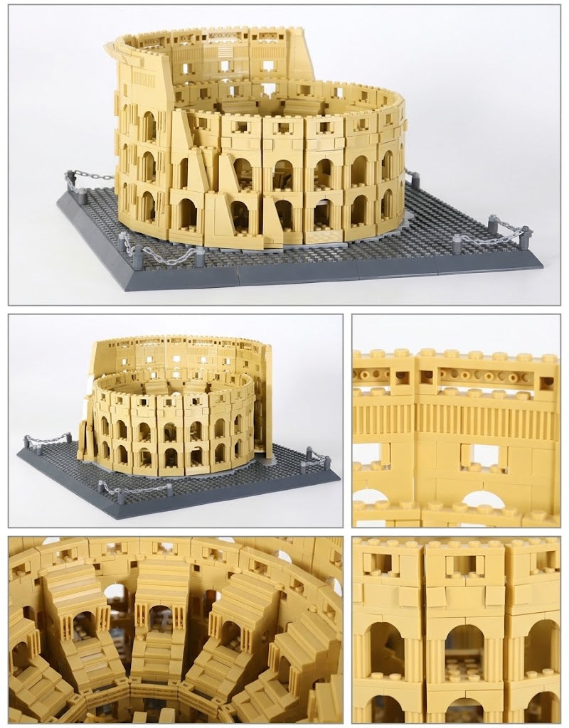Multi-view breakdown of the Colosseum historical landmark building set showing facade columns and stepped spectator tiers.